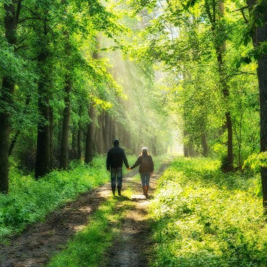 Man and Woman Walking in the Spring Forest